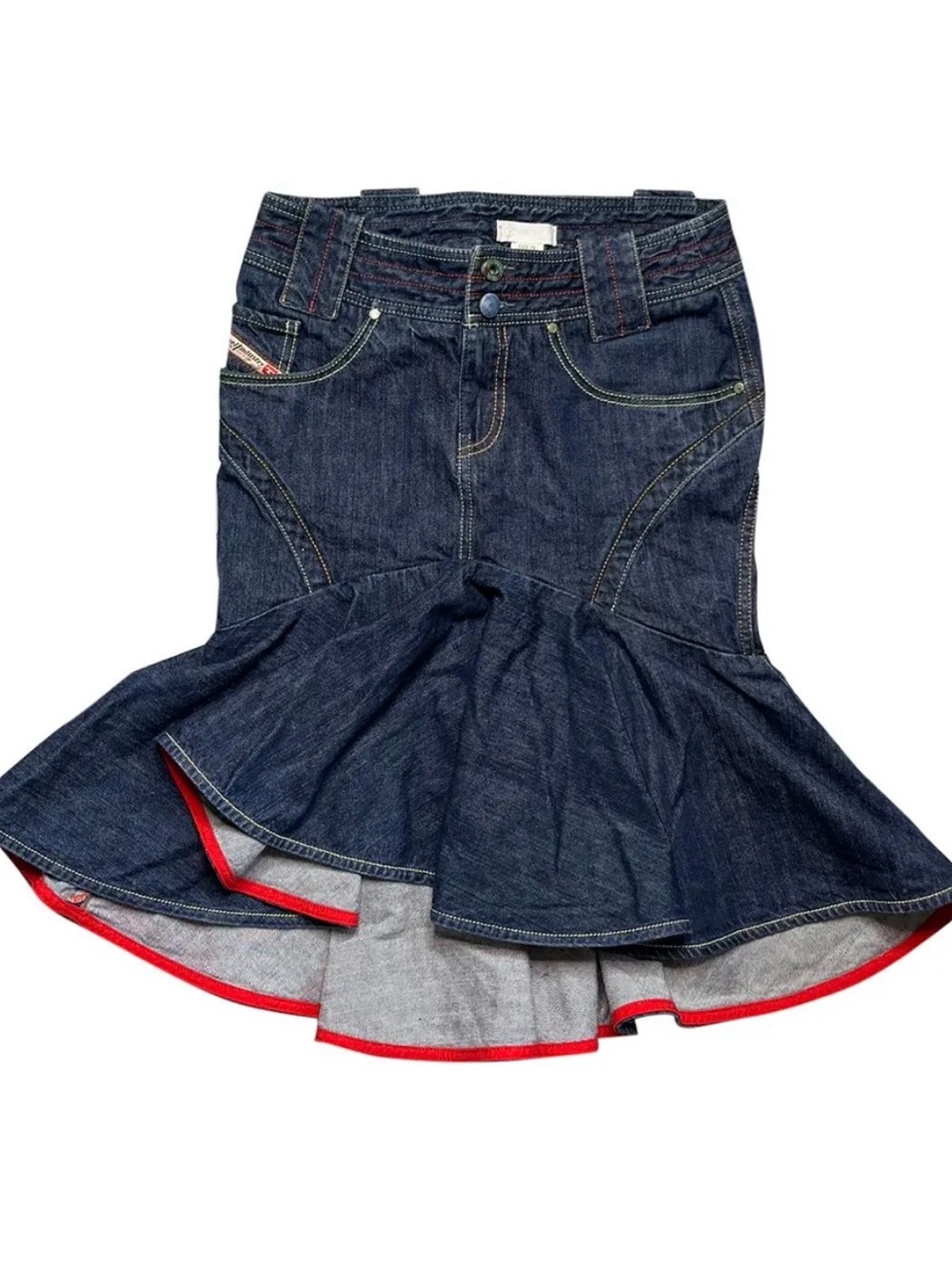 Diesel Dark Denim Peplum Hem Skirt with Red Trim